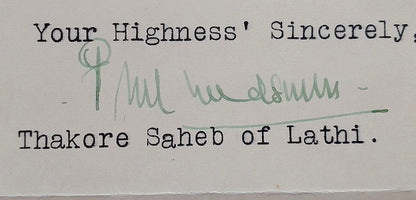 LATHI STATE India 1939 crested letter signed by the Ruler Thakore PRAHLADSINHJI