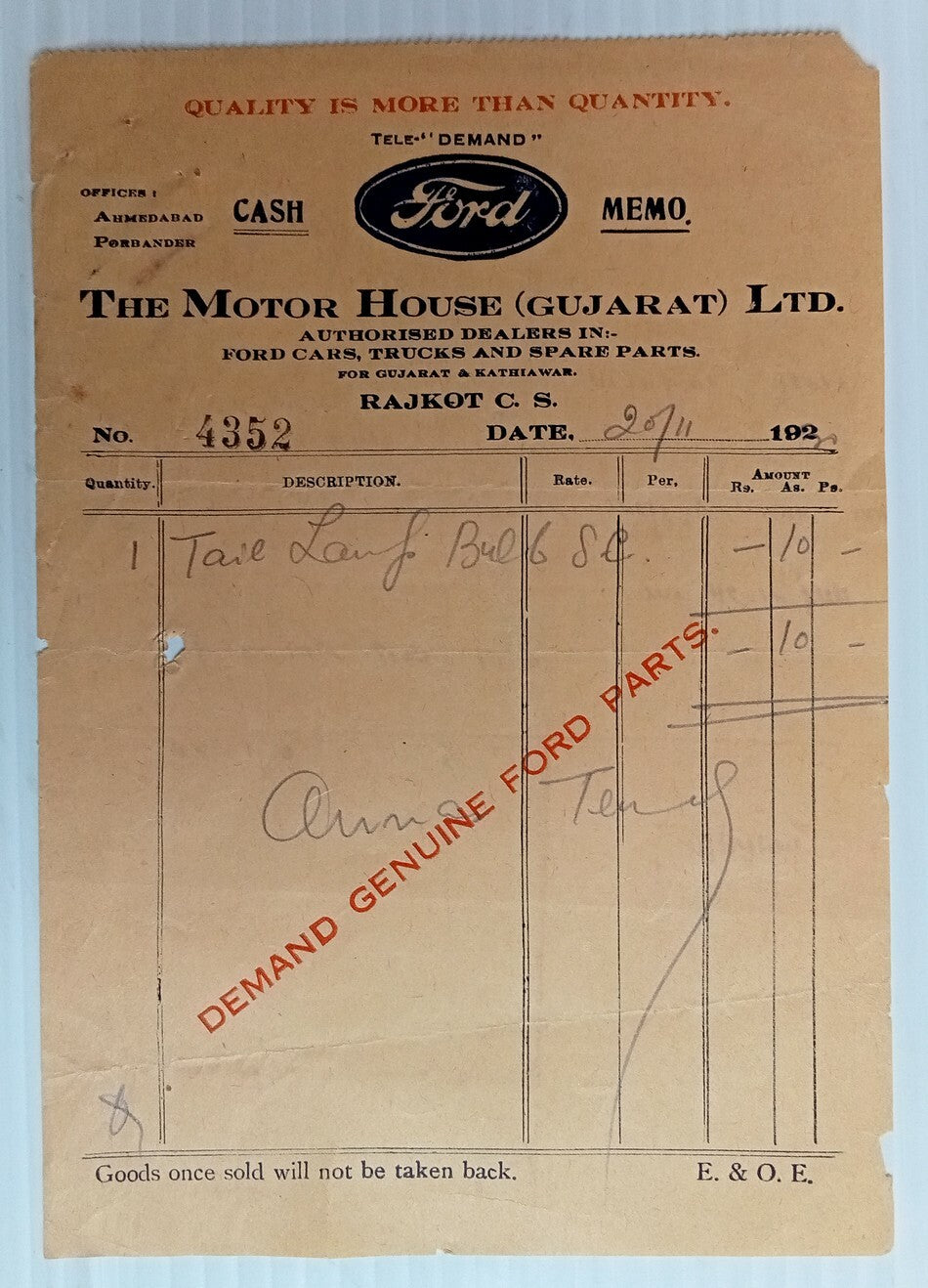 AOP India 1924 billhead THE MOTOR HOUSE (GUJRAT) FORD CARS AND SPARE Rajkot