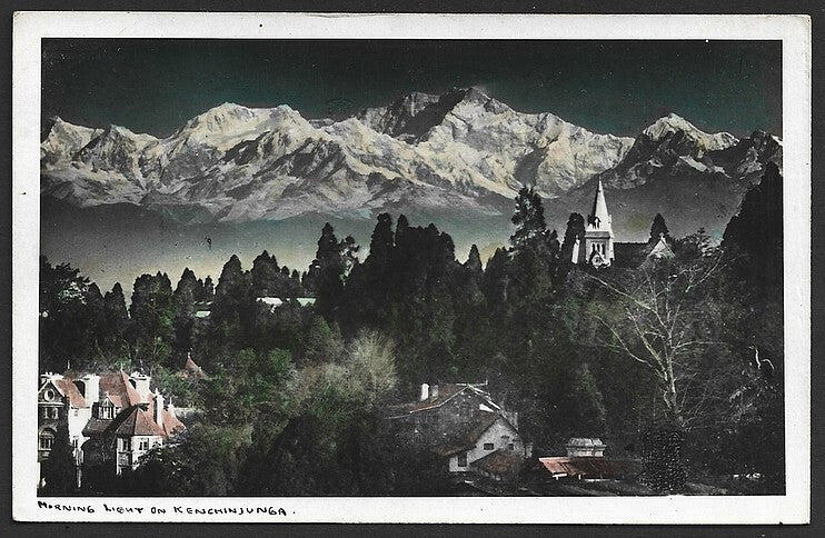 India Morning Light on Kanchenjunga Darjeeling old real photo tinted postcard