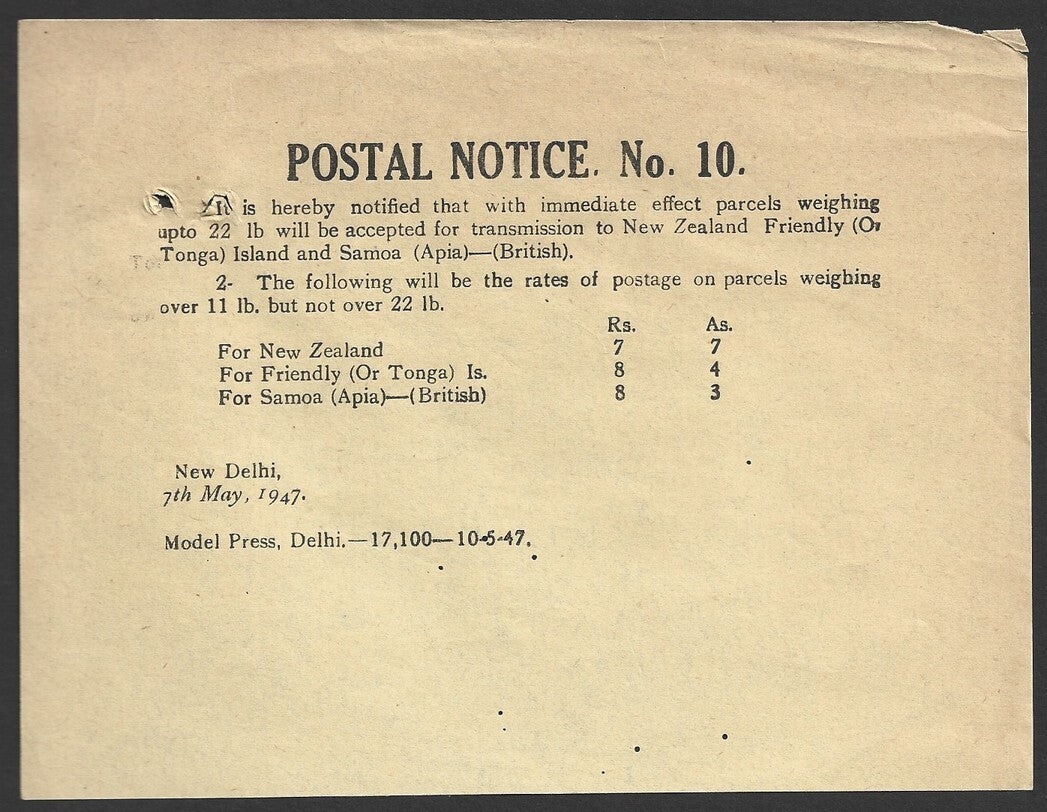 India POSTAL NOTICE No. 10 7th May 1947 Postal rates for NZ, Tonga & Samoa