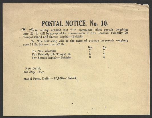 India POSTAL NOTICE No. 10 7th May 1947 Postal rates for NZ, Tonga & Samoa