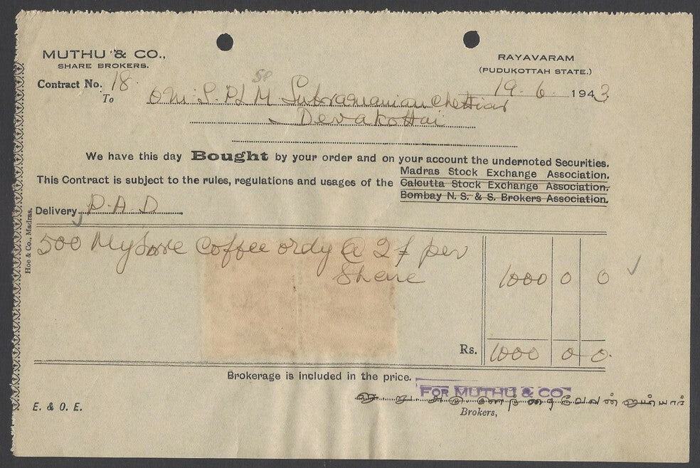 India Pudukottai 1943 Contract Note for Purchase of Shares wi 1a red revenue x 2