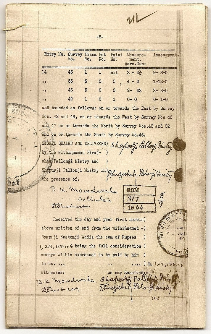 India 1944 photo doc Shaporji P Mistry mortgage DN Rd property to Naoraji Wadia