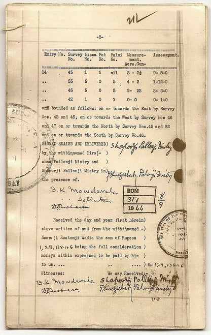 India 1944 photo doc Shaporji P Mistry mortgage DN Rd property to Naoraji Wadia