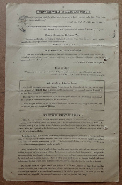 India WW2 Propaganda rag BEHIND THE HEADLINES 1943 AMERICAN OPINION 8pgs