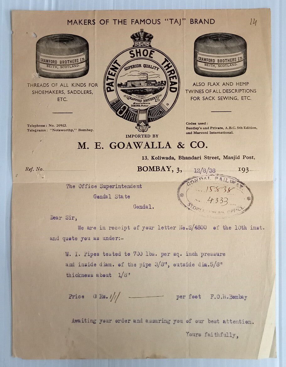 AOP Patent Shoe Thread Bombay 1938 illustrated letterhead India