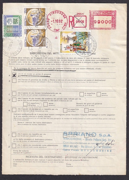 Italy red Citis/TAE/EMS “PT3” meter 99000 Lire on 1992 parcel card to India