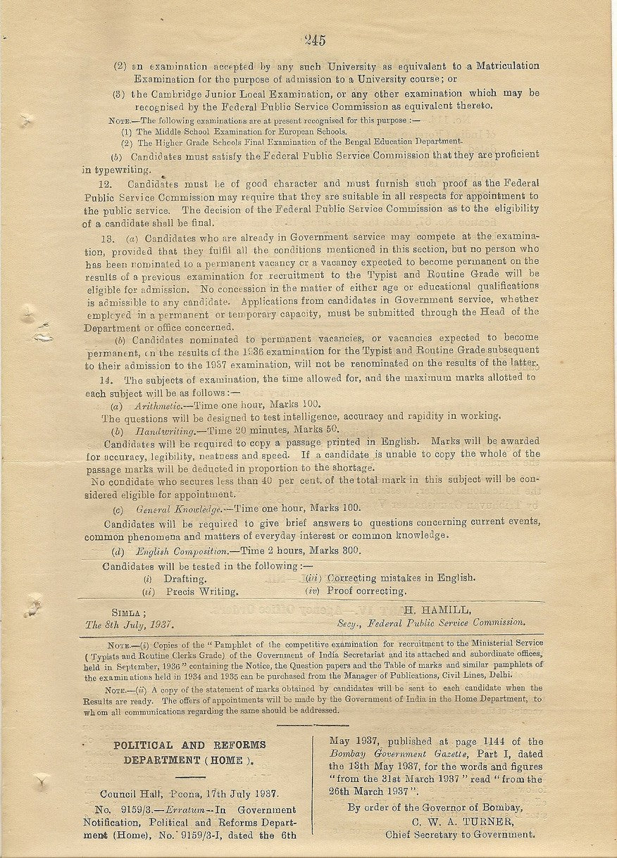 India 1937 gazette: Army lady recruitment WIDOWS & SPINSTERS ONLY