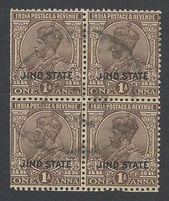 India Jind State KGV 1927-37 1a inverted watermark used block of 4 SG 87w £20