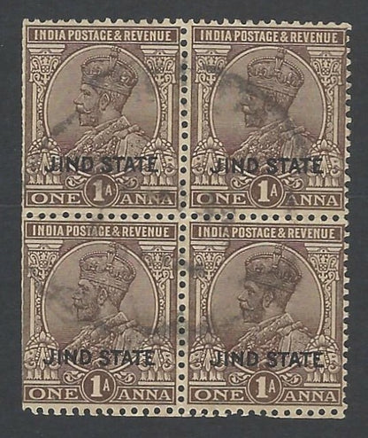 India Jind State KGV 1927-37 1a inverted watermark used block of 4 SG 87w £20