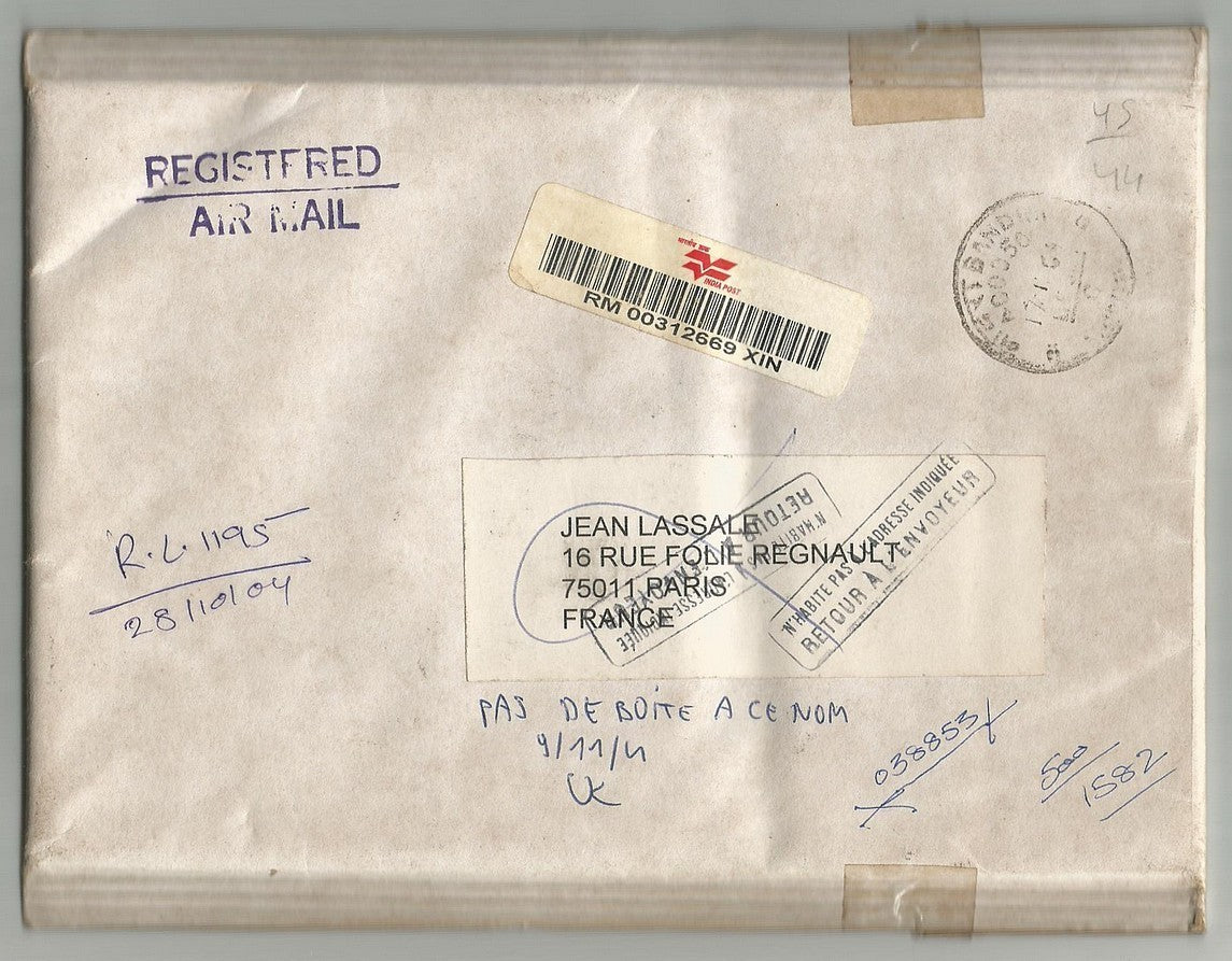 India 2003 Temple strip of 4 on RTS padded cover to France & back