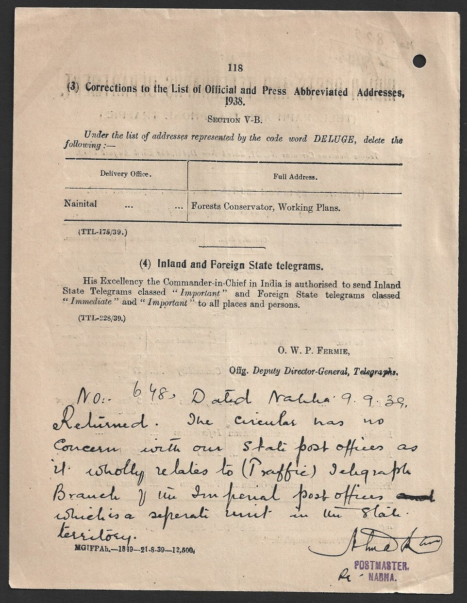 India 1939 POSTAL NOTICE several topics Registeration of Newspapers & New-Agency