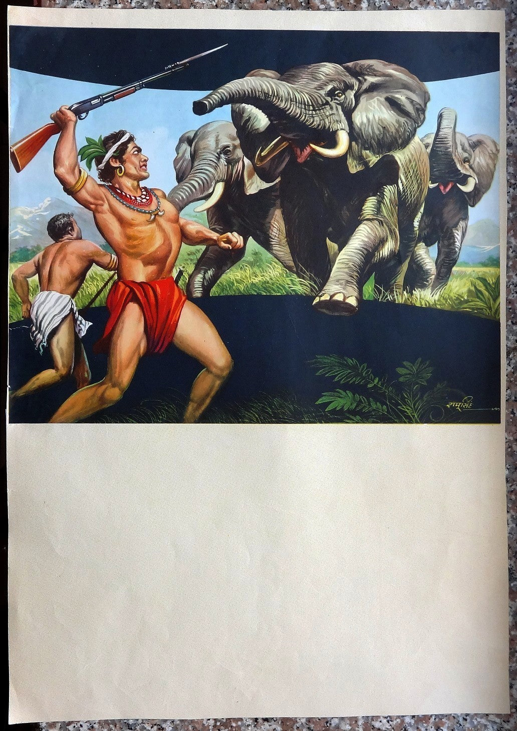 India vintage calendar print ELEPHANT HUNT 15” X 24” Ӝ