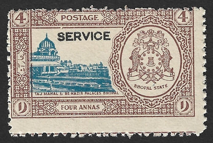 India Bhopal 1936 4a Taj Mahal blue & red brown MNH SG O339e