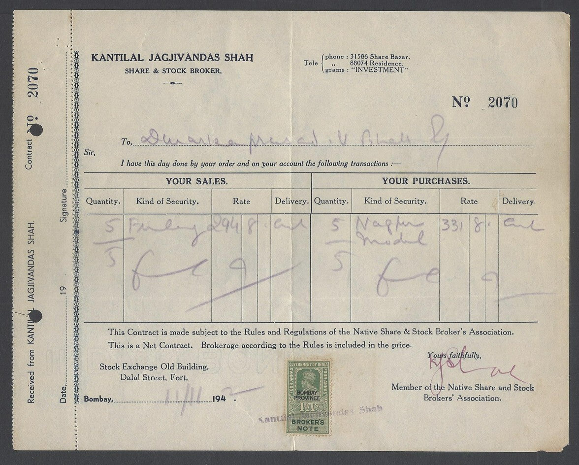 India KGV Broker's Note 4a on contract for shares of Finlay, etc.