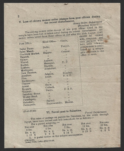 India POSTAL CIRCULAR No. 60 21st Sep 1942 Loss of Field Post Office date-Stamps