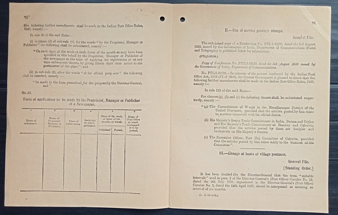 India 1939 POSTAL NOTICE - several topics Posting of Registered Newspapers