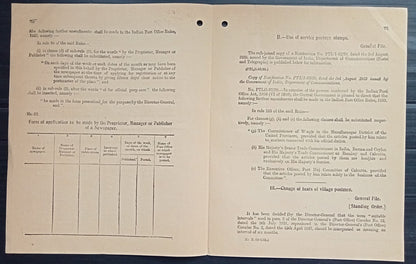 India 1939 POSTAL NOTICE - several topics Posting of Registered Newspapers