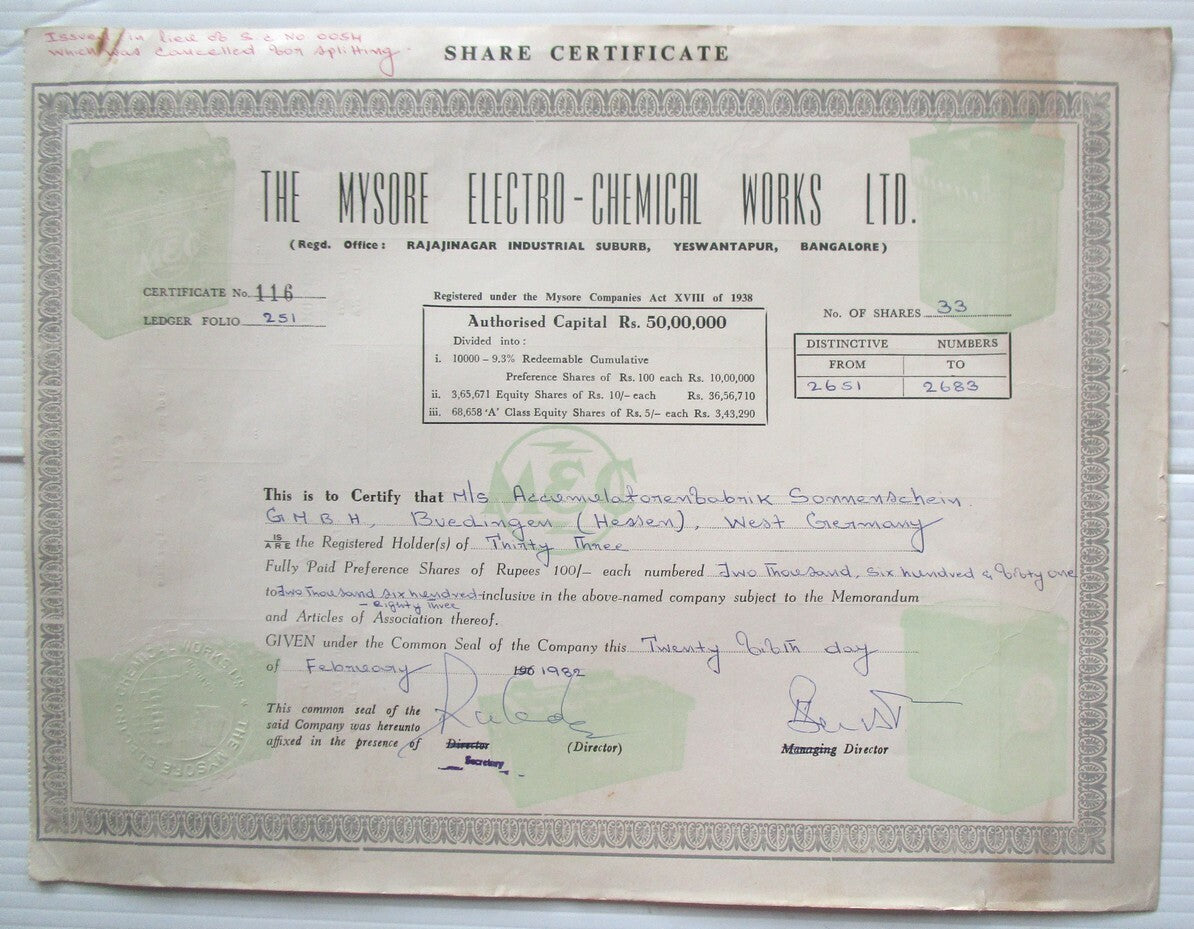 India 1982 The Mysore  Electro Chemical Works Ltd. share certificate No - 116