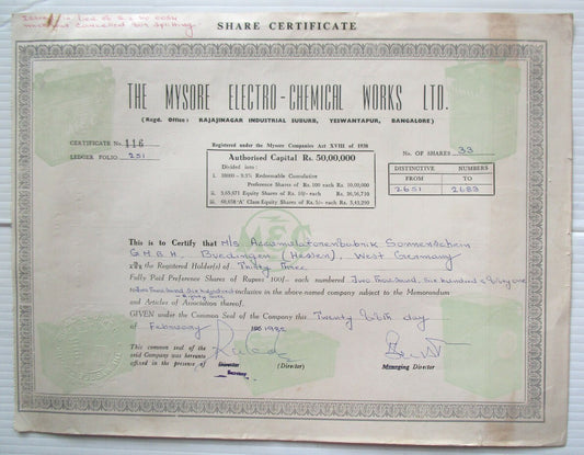 India 1982 The Mysore  Electro Chemical Works Ltd. share certificate No - 116