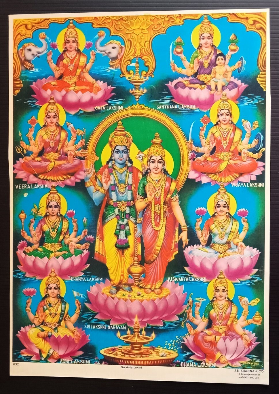 India Hindu Gods Poster Sri Ashta Laxmi 9.5" x13" by J B Khanna