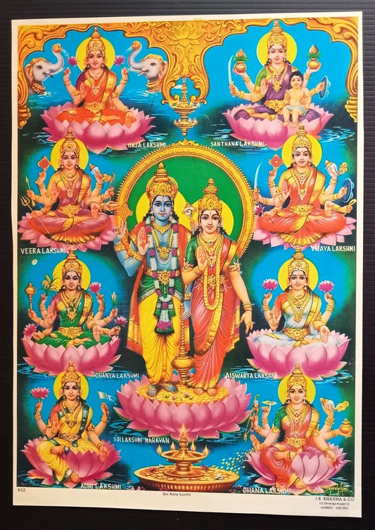 India Hindu Gods Poster Sri Ashta Laxmi 9.5" x13" by J B Khanna