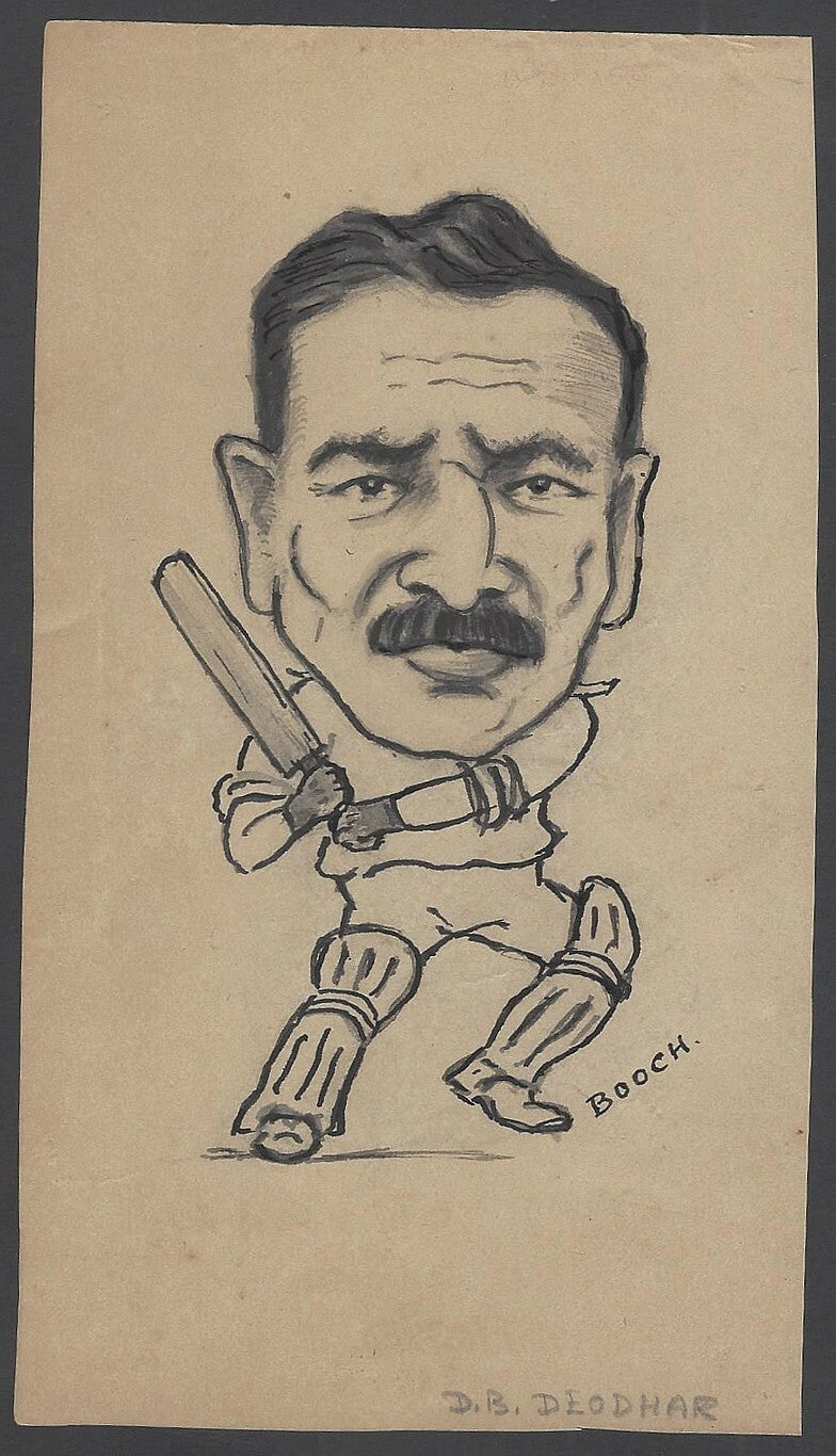 Cricket India 1940s sketch by cartoonist R Booch of D B Deohar