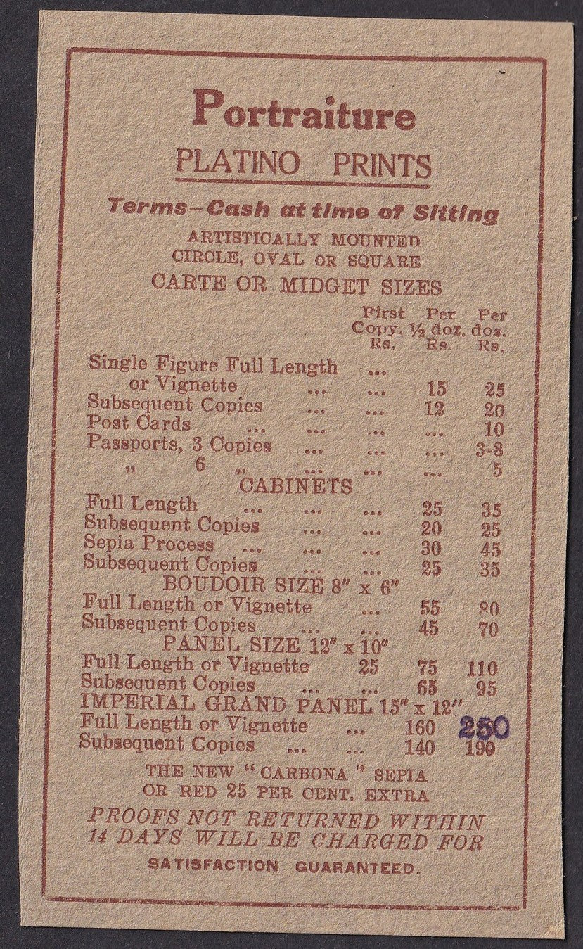 India VERNON STUDIOS Bombay vintage BROMIDE ENLARGEMENTS rate card