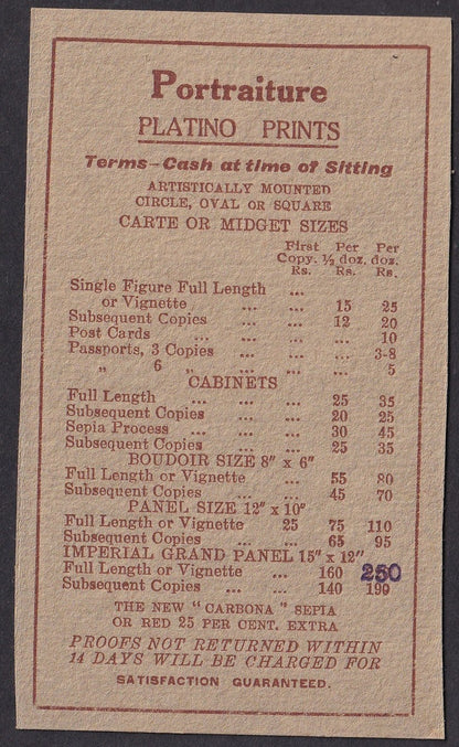India VERNON STUDIOS Bombay vintage BROMIDE ENLARGEMENTS rate card