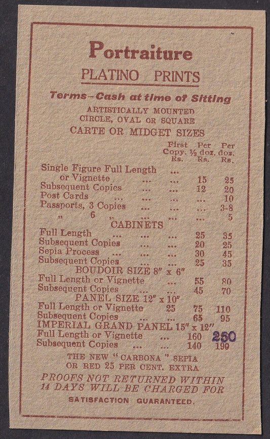 India VERNON STUDIOS Bombay vintage BROMIDE ENLARGEMENTS rate card