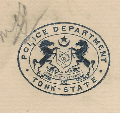 India 1920 crested letterhead POLICE DEPARTMENT TONK STATE