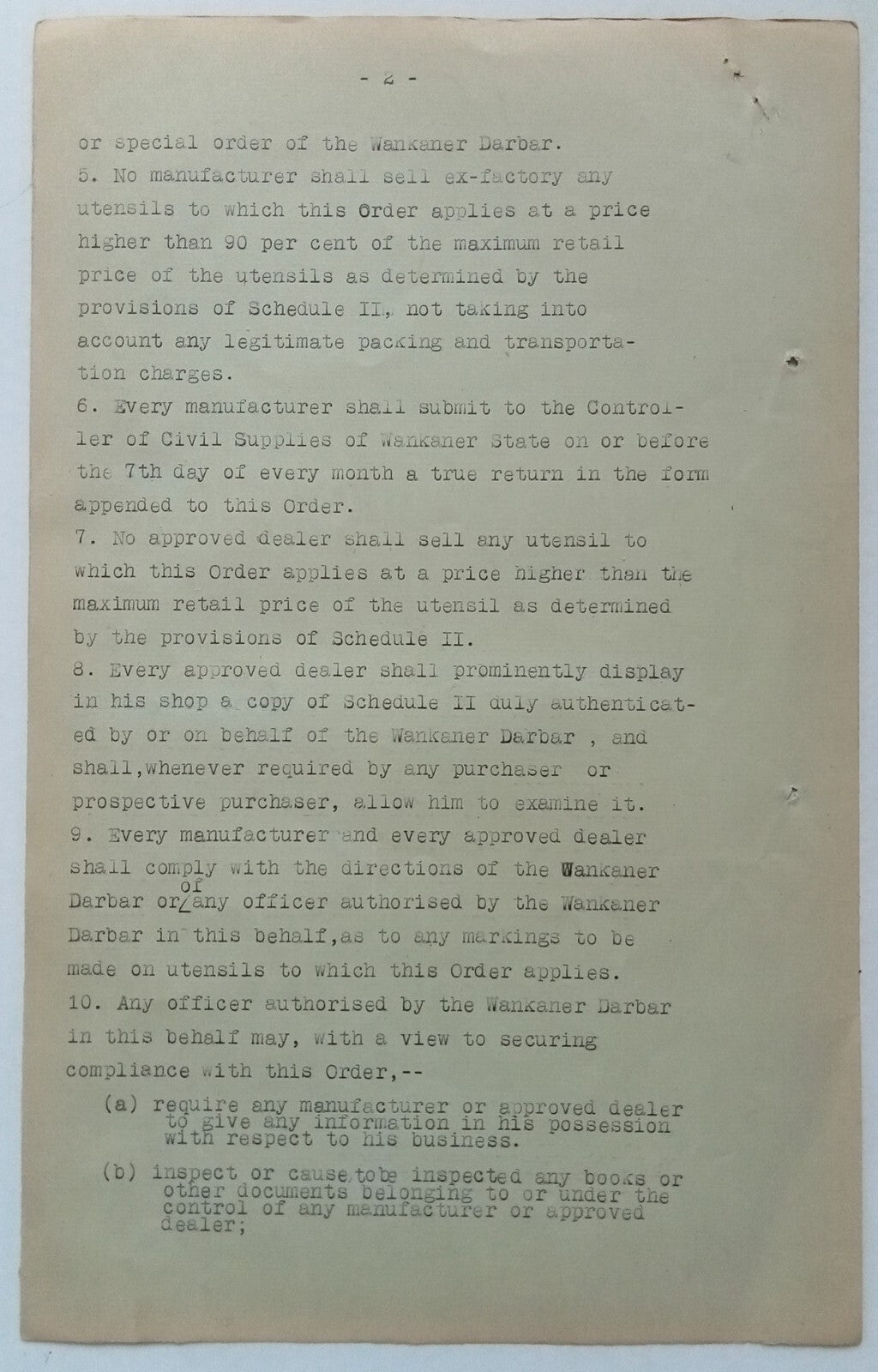 India 1945 BRASS CONTROL ORDER signed Amar Singh MAHARAJA WANKANER