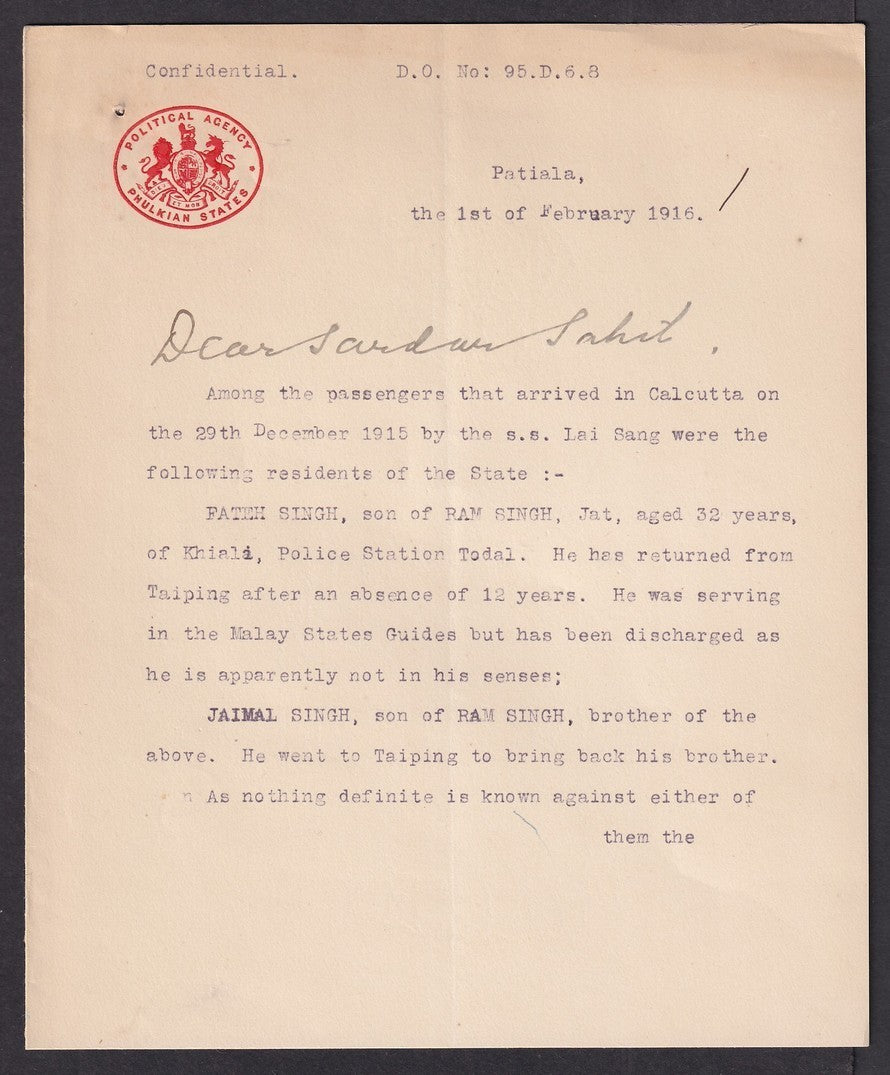 India 1916 PHULKIAN STATES crested letter Enquiry Malay States Guides returnee