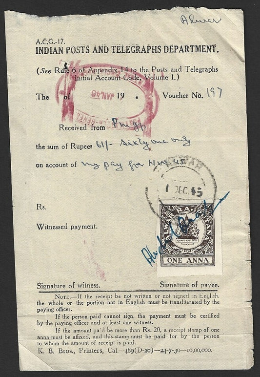 India Postal receipt with ALWAR STATE 1a brown revenue stamp used 1945