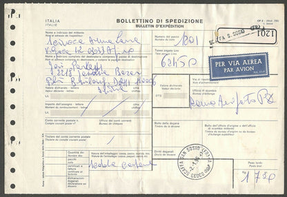 AOP Italy parcel card to India with 62,450 Lire (27 stamps) 