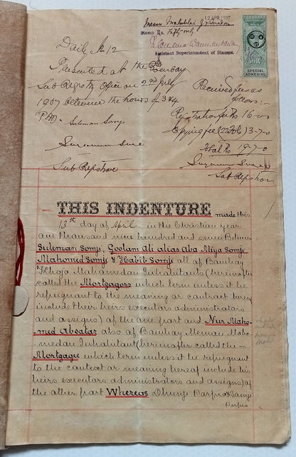 AOP India KEdVII King Edward VII 50R Special Adhesive on 1907 12 page indenture