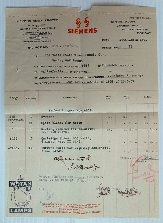 AOP India 1939 illustrated billhead SIEMENS WOTAN LAMPS Bombay