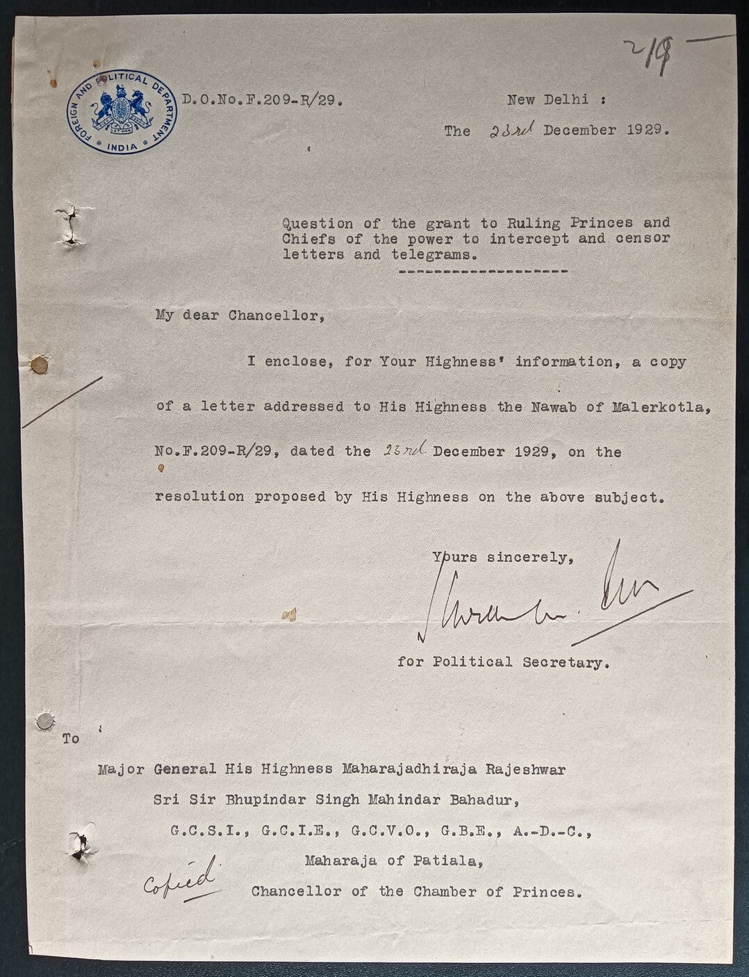 India 1929 Official letter about granting Ruling Prices power to censor letters