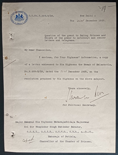 India 1929 Official letter about granting Ruling Prices power to censor letters