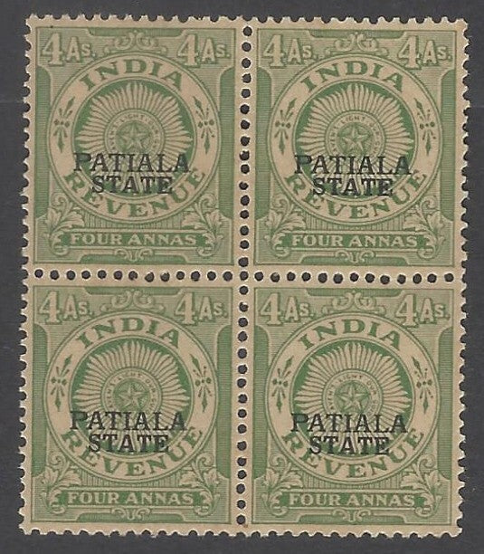 AOP India PATIALA STATE 1934 revenue ovpt on India 4a green MNH block of 4
