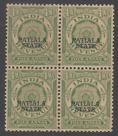 AOP India PATIALA STATE 1934 revenue ovpt on India 4a green MNH block of 4