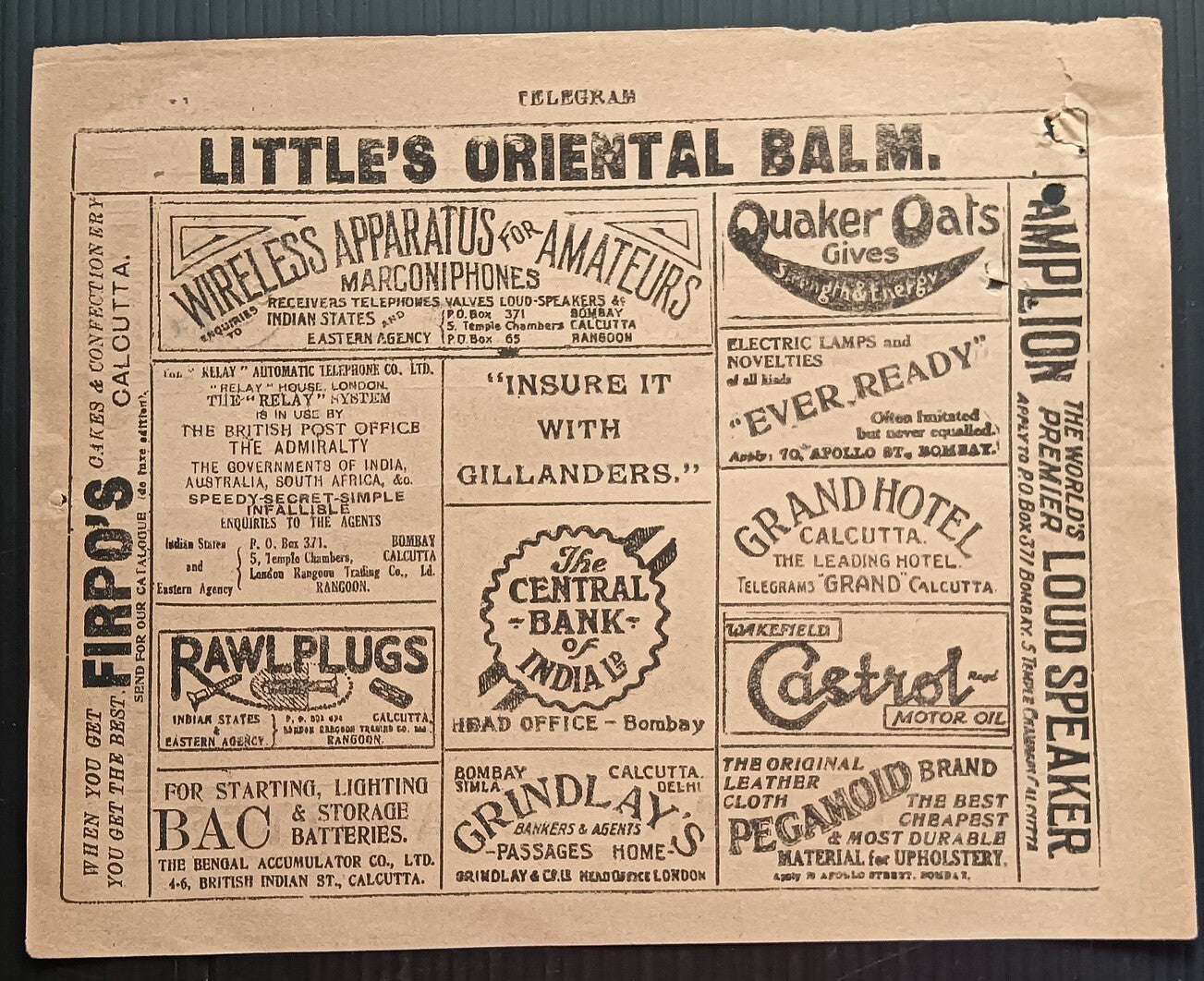 India 1926 telegram with multiple advertisements LIPTONS, CASTROL, QUAKER OATS