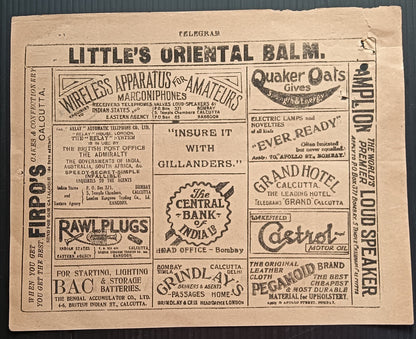 India 1926 telegram with multiple advertisements LIPTONS, CASTROL, QUAKER OATS