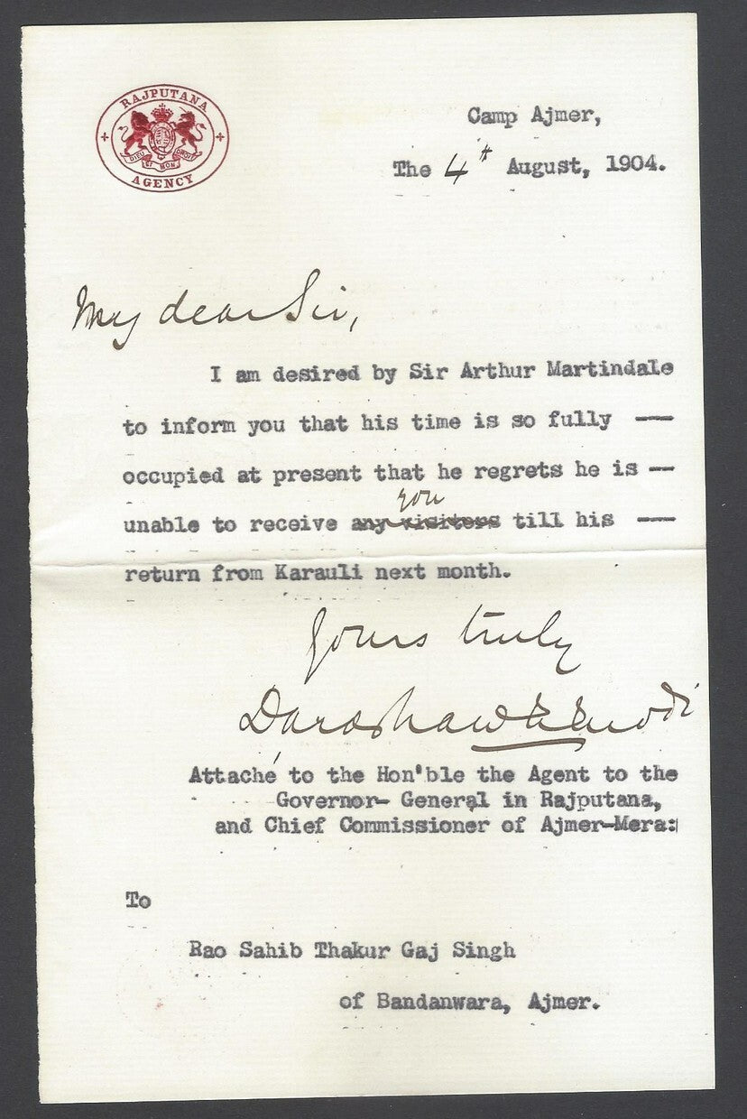 AOP India RAJPUTANA AGENCY 1904 crested letter