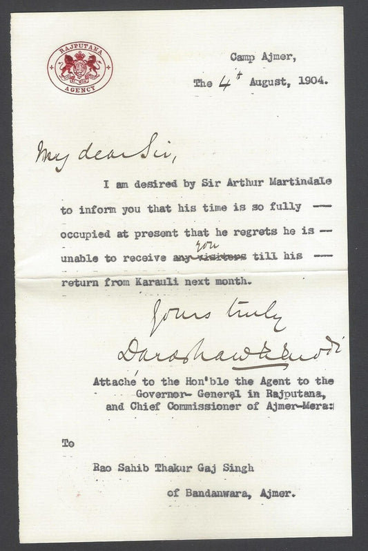 AOP India RAJPUTANA AGENCY 1904 crested letter