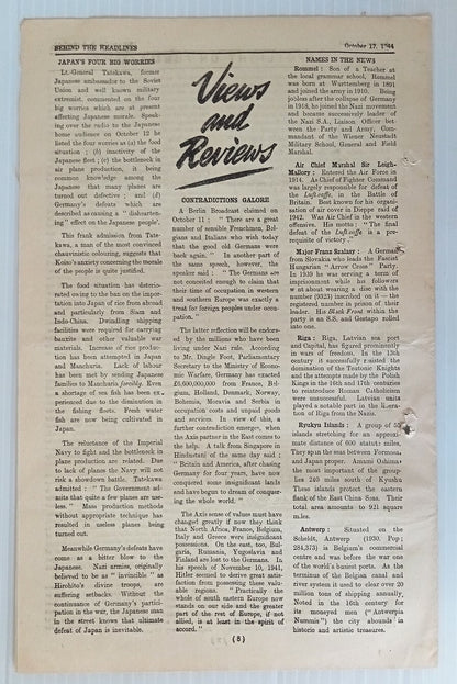 India 1944 WW2 Propaganda rag BEHIND THE HEADLINES JAPAN'S FOUR BIG WORRIERS 8pg