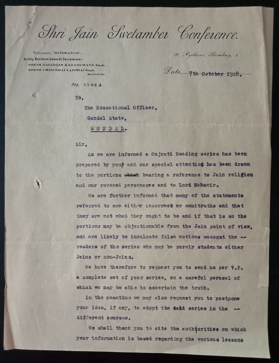 AOP India 1928 JAIN SWETAMBER CONFERENCE letterhead & corrresp