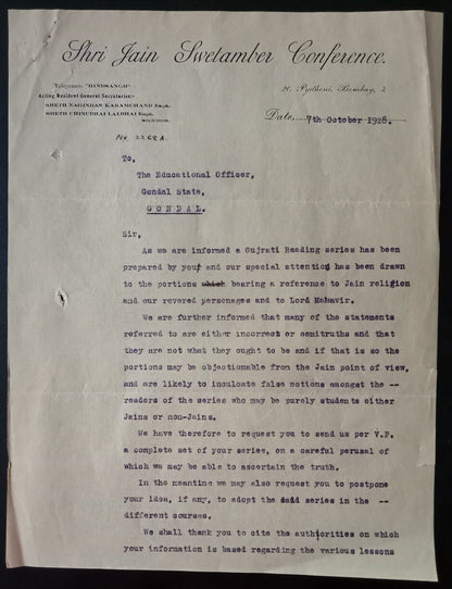 AOP India 1928 JAIN SWETAMBER CONFERENCE letterhead & corrresp