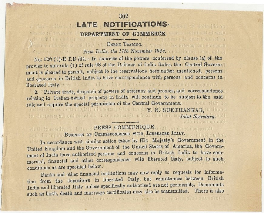 India 1944 gazette: permission to communicate with Liberated Italy