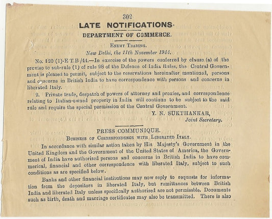 India 1944 gazette: permission to communicate with Liberated Italy